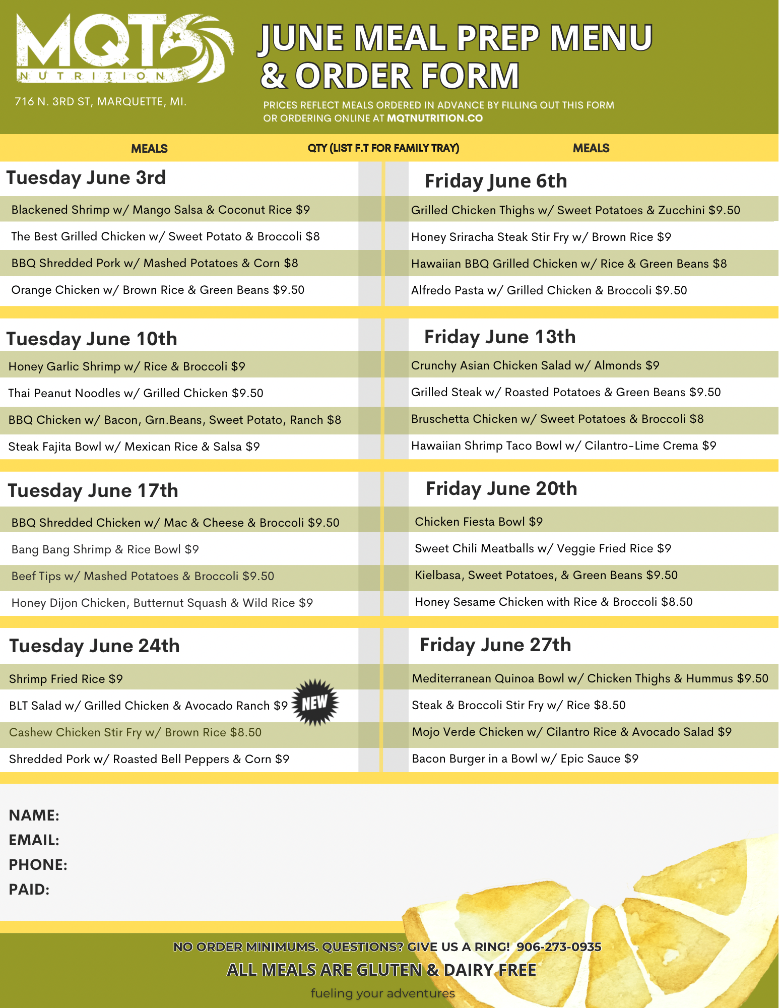June 2025 Meal Prep Menu