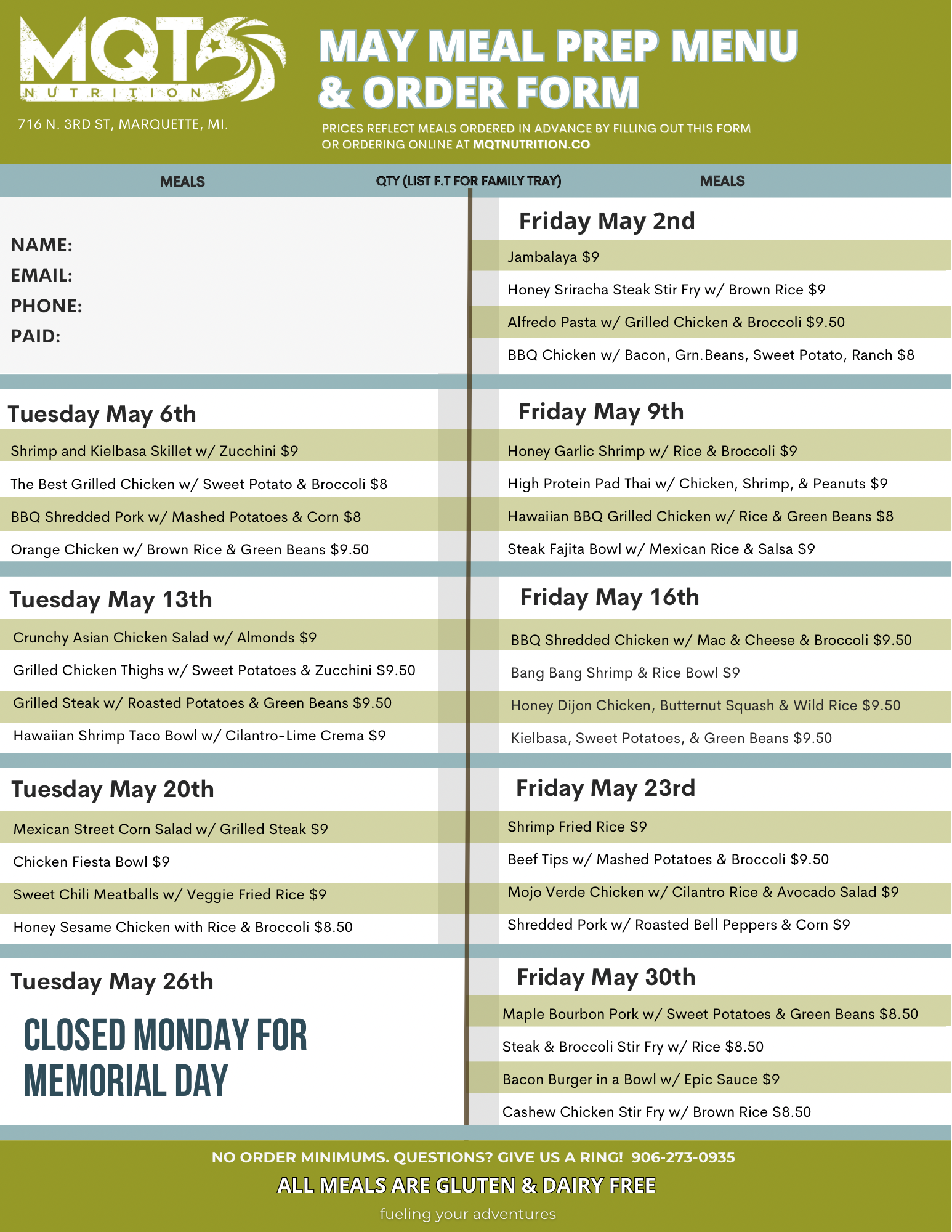 May 2025 Meal Prep Menu