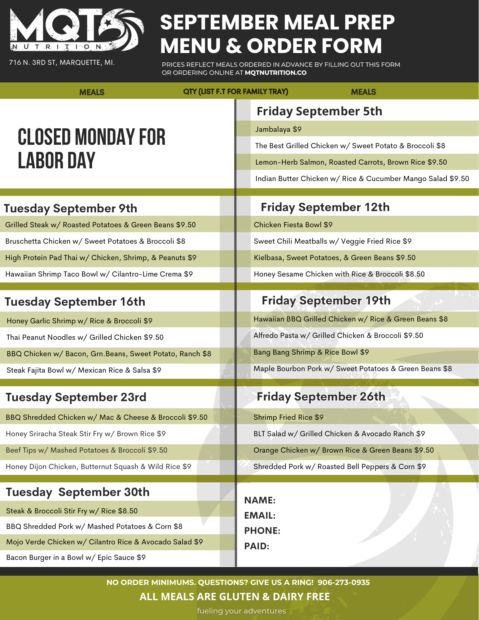 September 2025 Meal Prep Menu