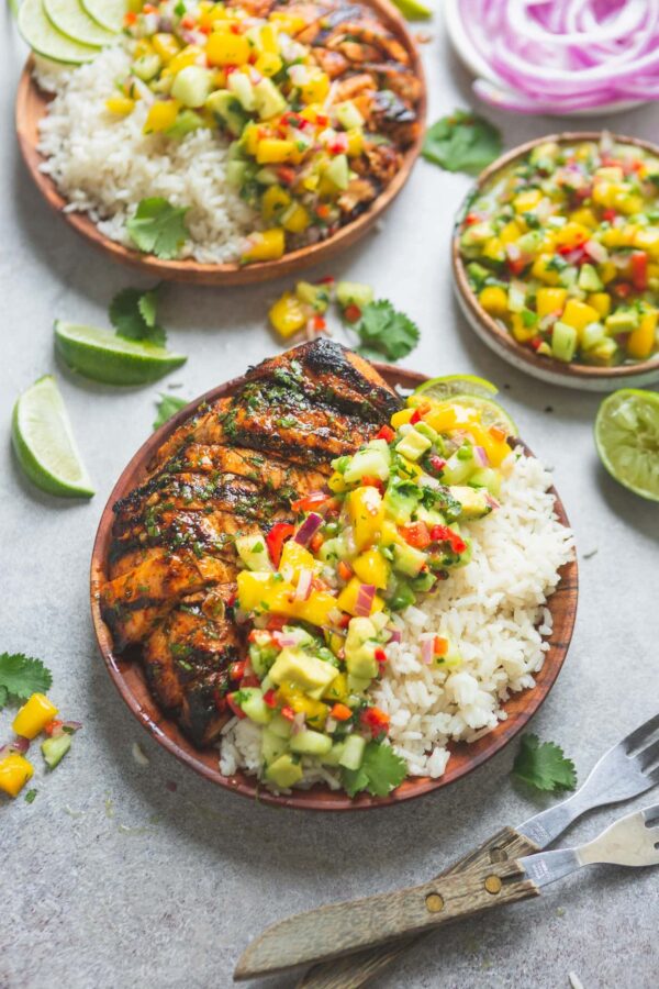 Jerk Chicken Thighs with Paprika Rice & Mango Salsa