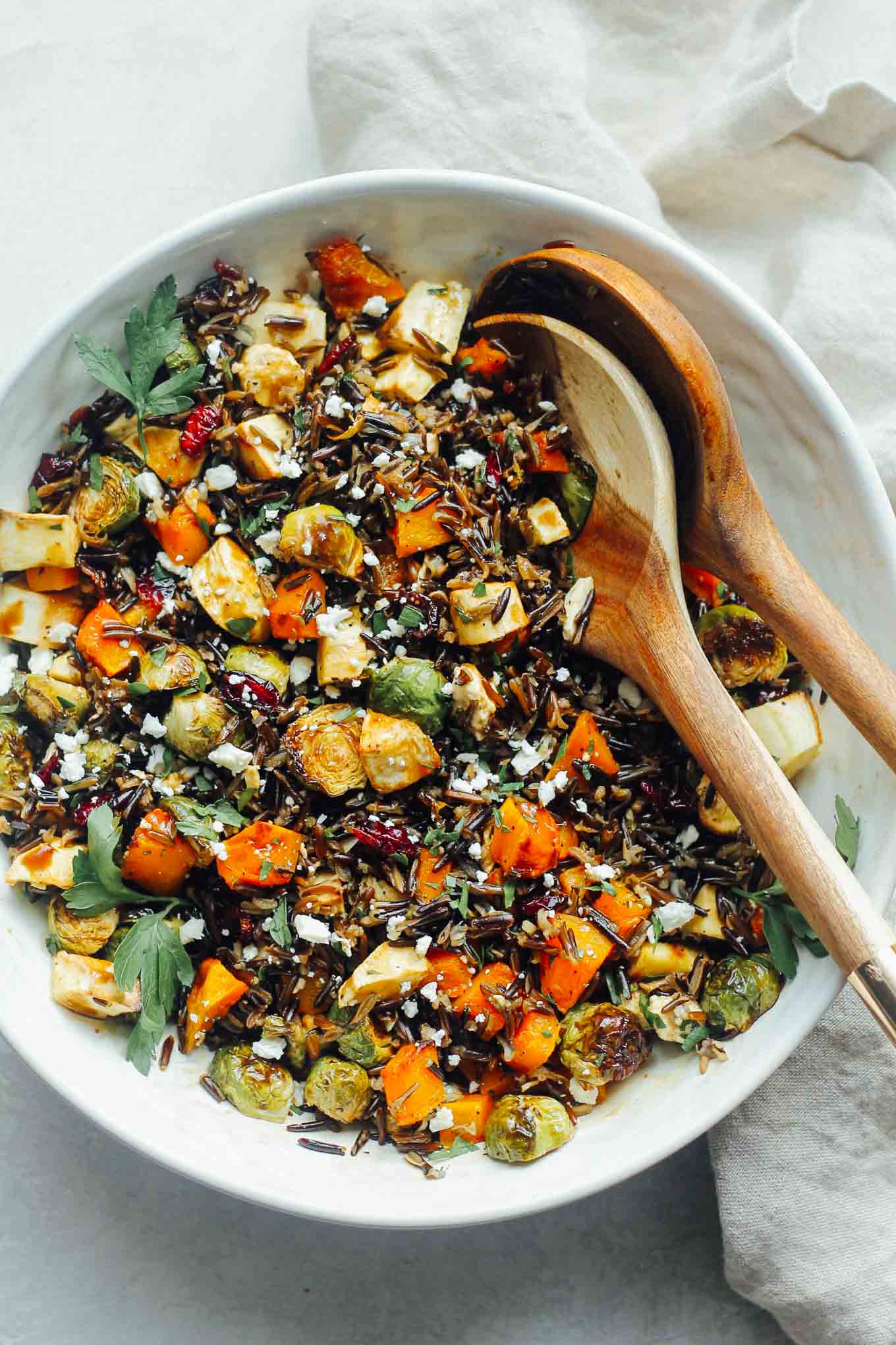 Plant based - Harvest Salad with Wild Rice, Sweet Potatoes, Brussel Sprouts, Pumpkin Seeds & Maple-Sage Vinaigrette