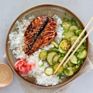 Chili Crisp Salmon with Zucchini and Rice