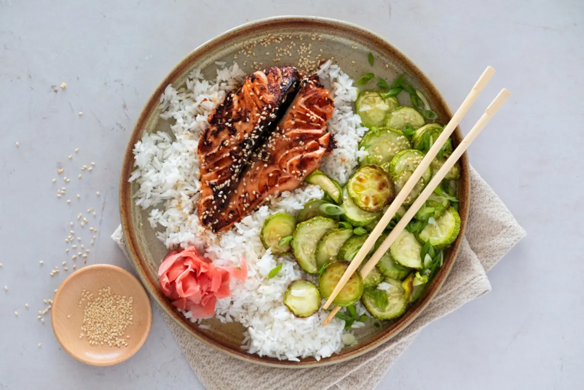 Chili Crisp Salmon with Zucchini and Rice