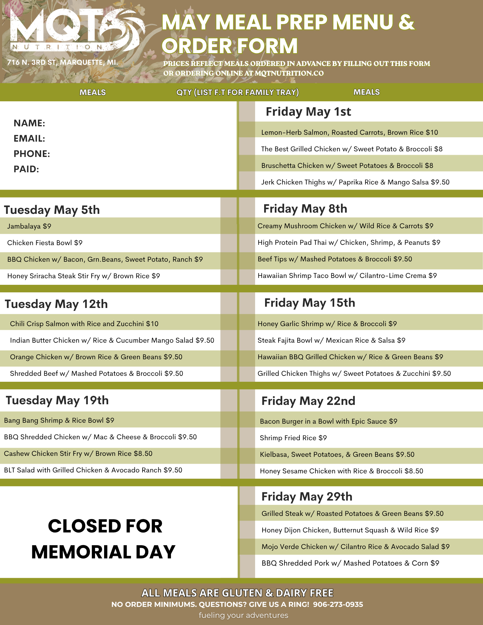 May Meal Prep Menu - 2026