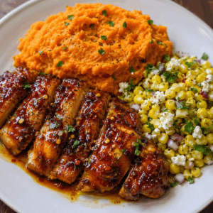 Hot Honey Chicken with Sweet Potatoes and Corn Salad